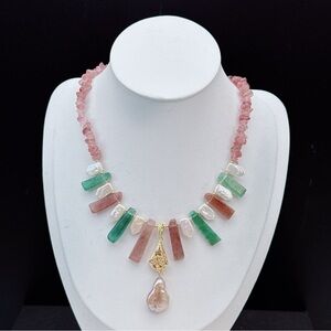 X336 Handmade Freshwater Baroque Pearl Strawberry Quartz Necklace